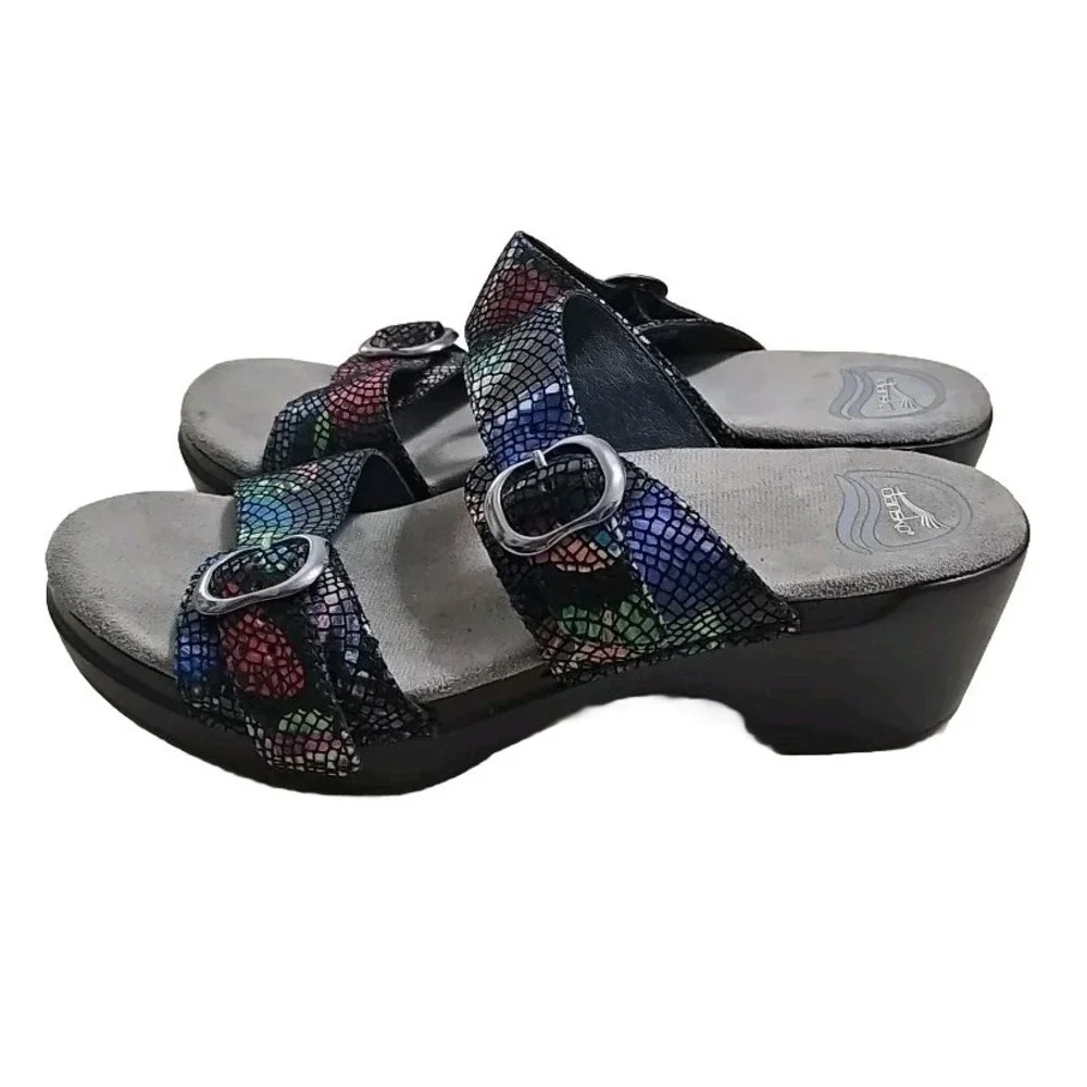 Dansko Sophie 2 Strap Rainbow Mosaic Leather Wedge Sandals Sz EU 40 Women T07‎